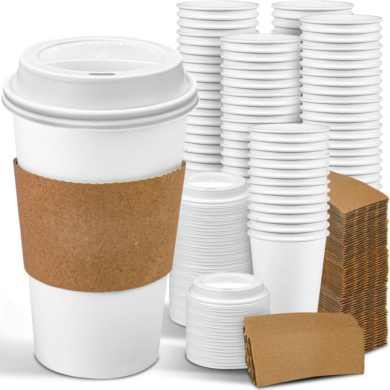 100 Pack 16 oz Disposable Coffee Cups with Lids and Sleeves Leak-Proof White Paper Cups, Insulated To Go Hot Beverage Cups